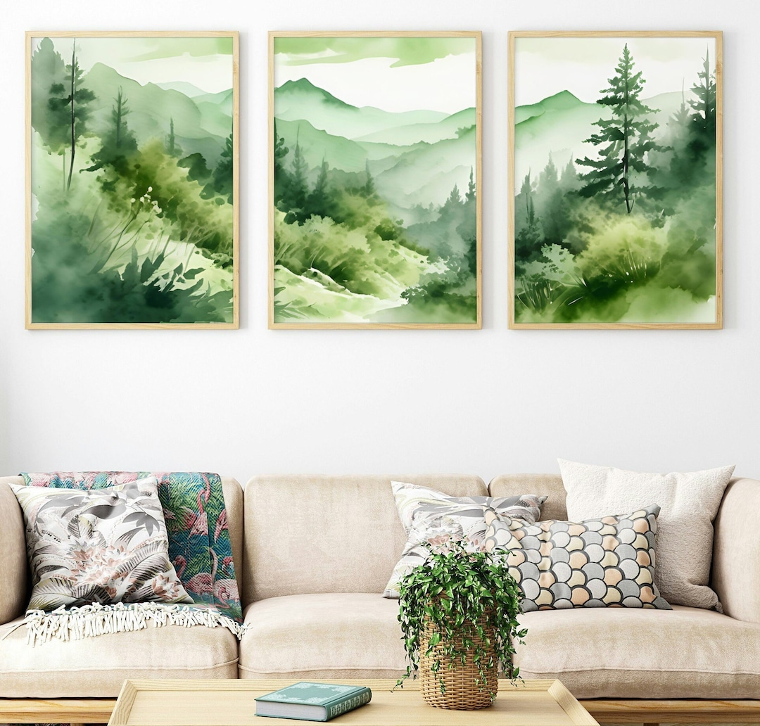 Sage Green Mountain Forest 3 Piece Wall Art. Watercolor Mountain ...