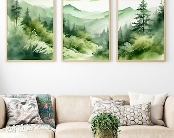 Sage Green Mountain Forest 3 Piece Wall Art. Watercolor Mountain Triptych Printable Painting. Digital Download