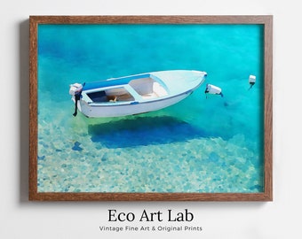 Small Boat Floating at Sea Landscape Painting, Colorful Printable Wall Art, Home or Office Decor, Nature Print Digital Art Instant Download