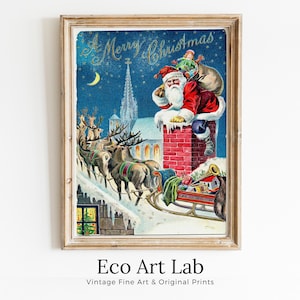 Santa Claus & Reindeer on Roof Vintage Merry Christmas Card. Retro Christmas Print. Printable Wall Art. Instant Download Christmas Art Print