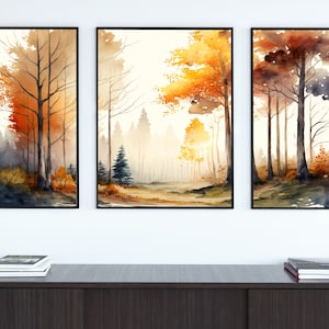Fall Watercolor Forest Landscape. Printable Wall Art. Set of 3 Prints ...