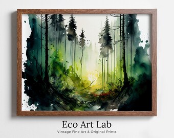 Green Forest Landscape Printable. Forest Trees Watercolor Painting Print. Printable Wall Art. Digital Art. Nature Decor. Forest View Art