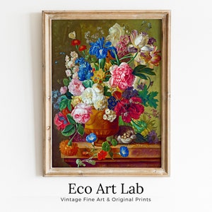 Botanical Painting Still Life Printable Digital Wall Art, Flower Vase Still Art Vintage Print, Antique Retro Style Colorful Instant Download
