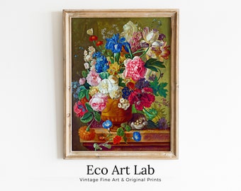 Botanical Painting Still Life Printable Digital Wall Art, Flower Vase Still Art Vintage Print, Antique Retro Style Colorful Instant Download