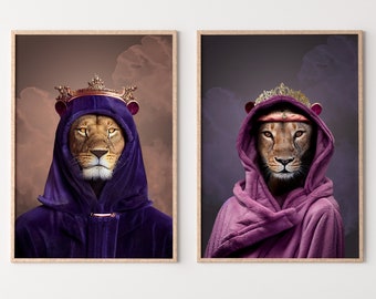 Lions King & Queen Set of 2 Prints. Digital Paintings Printable Wall Art. Couple Lion Poster. 2 Piece Wall Art. Contemporary Lions Portraits