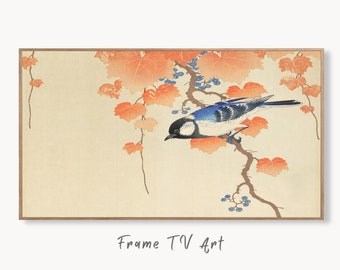 Samsung Frame TV Art 4K Blue Bird on Branch Vintage Japanese Wall Art. Instant Download Antique Japanese Art for Frame TV. Vintage Wall Art