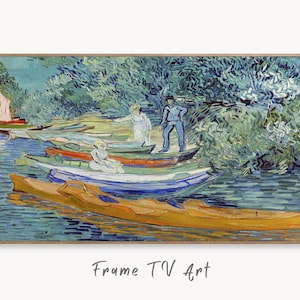 Samsung Frame TV Art 4K River Bank with Boats Famous Painting by Vincent van Gogh. Instant Download van Gogh Landscape for the Frame TV