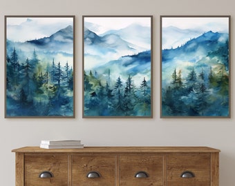 Blue Abstract Mountain Print Set of 3 | Watercolor Mountain Landscape | Nature Print Set | Modern Minimal Decor | Pine Forest Wall Art