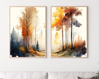 Fall Watercolor Forest Landscape Printable. Printable Wall Art. Set of 2 Prints. Autumn Forest Trees Painting. Nature Decor. Forest Art