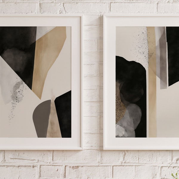 Minimalist Art Prints Set of 2. Black and White Abstract Poster Set. Neutral Gallery Wall. Black & Beige Wall Art. Contemporary Modern Art