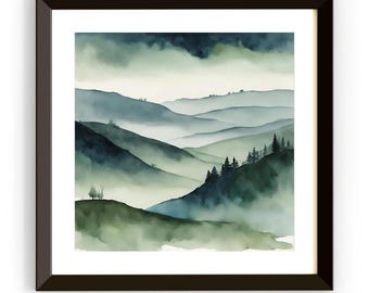 Green Painting Mountains Printable. Watercolor Wall Art for Minimalist Decor. Nature-Inspired Digital Download in Square Format