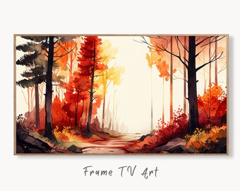Samsung Frame TV Art 4K Watercolor Fall Forest Landscape Digital Painting. Instant Download Autumn Forest Art for Samsung Frame TV. TV Art