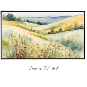 Pode incluir: Pintura em aquarela de uma paisagem com colinas onduladas, árvores verdes e um campo de flores silvestres em tons de vermelho, amarelo e rosa.