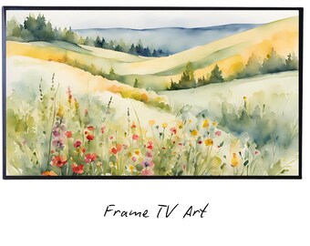 Wildflowers Hills Art For Frame TV. 4K Landscape Watercolor Decor. Minimalist Nature Scene Floral Wall Art