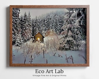 Small Cabin in the Snow Winter Landscape Painting. Printable Wall Art, for Home or Office Decor, Nature Print Digital Art Instant Download