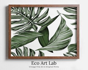 Monstera and Palm Leaf Wall Art. Sage Green Botanical Prints Instant Download Tropical Wall Decor. Printable Leaf Painting, Tropical Foliage