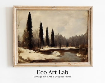 Rustic Winter Landscape Printable Painting. Winter Art Muted Colors Digital Download. Country Decor Nature Landscape Moody Vintage Art Print