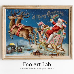 Vintage Santa Sleigh And Reindeer In Sky Art Print. Retro Christmas Card. Printable Wall Art. Instant Download Christmas Decor.