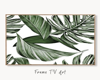 Samsung Frame TV Art 4K Green Tropical Leaves Botanical Wall Art. Instant Download Nature Digital Painting. Palm Leaf Art for the Frame TV