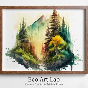 Watercolor Forest Landscape Printable. Digital Art. Green Forest Trees Painting Print. Printable Wall Art. Nature Decor. Mountain Forest Art
