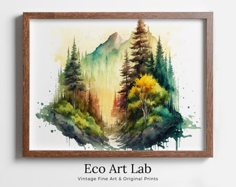 Watercolor Forest Landscape Printable. Digital Art. Green Forest Trees Painting Print. Printable Wall Art. Nature Decor. Mountain Forest Art