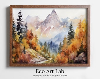 Autumn Watercolor Printable Wall Art. Forest Landscape Printable. Digital Art. Fall Forest Trees Painting Print. Nature Decor. Forest Art