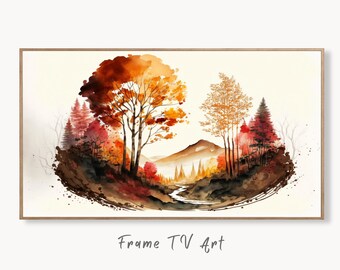 Samsung Frame TV Art 4K Fall Forest Mountain Landscape Watercolor Digital Painting. Instant Download Forest Art for Samsung Frame TV. TV Art