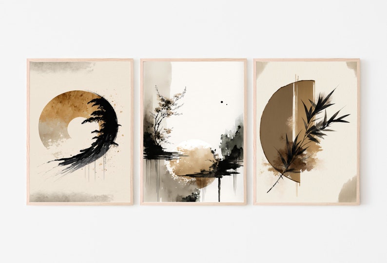 Modern Neutral Abstract Printable Wall Art Set of 3. Black & Beige Wabi ...