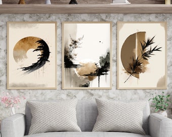 Modern Neutral Abstract Printable Wall Art Set of 3. Black