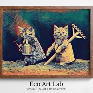 Gardening Cats Digital Painting, Polygons Printable Wall Art, for Home or Office Decor, Kittens Print Art Instant Download