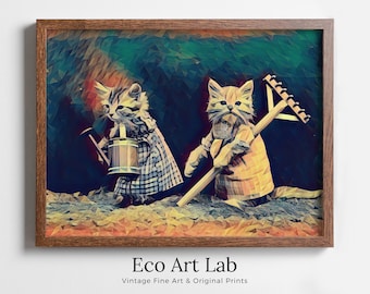 Gardening Cats Digital Painting, Polygons Printable Wall Art, for Home or Office Decor, Kittens Print Art Instant Download