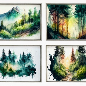 4er Set Aquarell Wälder Landschaft Kunst. Druckbare Kunst. Grüne Wald Bäume Malerei Druck. Galerie-Wandset. Digitale Kunst