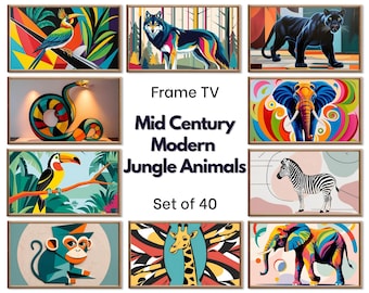 Mid Century Modern Jungle Wall Art for Samsung Frame TV – Animal Tv Art Bundle of 40 – Tiger, Monkey, Lion, Panther, Elephant, Snake Artwork
