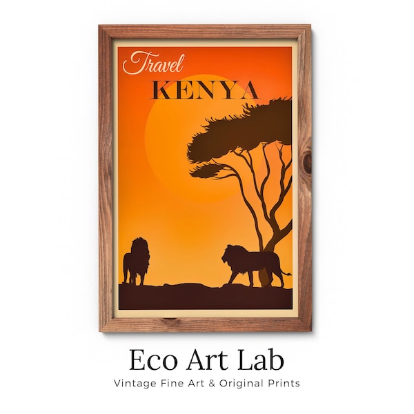 Poster de voyage rétro imprimé Kenya, impression de voyage vintage, avec coucher de soleil, lions et acacia. Art de voyage vintage, téléchargement d'art mural imprimable