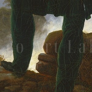 May include: Close-up of a person's legs wearing dark green pants and a long coat, standing on a rocky surface with a staff in their right hand. The background is a misty landscape with hills and trees.