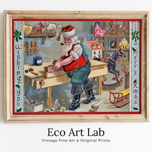 Vintage Santa in his Workshop Making Toys. Retro Christmas Card. Printable Wall Art. Christmas Print. Instant Download Christmas Art Print