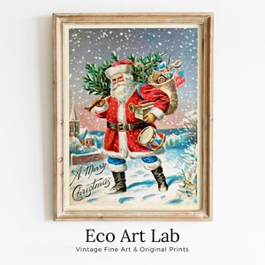 Vintage Santa In the Snow Delivering Toys Art Print. Retro Merry Christmas Card. Printable Wall Art. Instant Download Christmas Decor