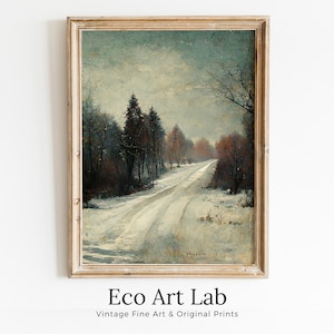 Vintage Neutral Winter Village Road Scene. Winter Road Landscape Printable Wall Art. Rustic Country Landscape Muted Art. Instant Download.