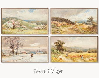 Set of 4 - Samsung Frame TV Art 4K Vintage Seasons Landscape Paintings. Instant Download Colorful Art for the Frame TV. Landscape Art for TV