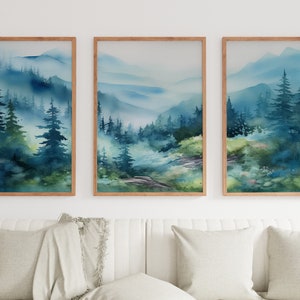 Abstract Mountain Print Set of 3 | Watercolor Blue Mountain Landscape | Nature Print Set | Modern Minimal Decor | Pine Forest Wall Art