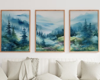 Abstract Mountain Print Set of 3 | Watercolor Blue Mountain Landscape | Nature Print Set | Modern Minimal Decor | Pine Forest Wall Art