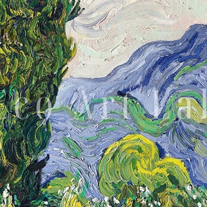 May include: A painting in the style of Vincent van Gogh, featuring a large green tree in the foreground and a swirling blue and green landscape in the background. The sky is a light blue with white clouds.
