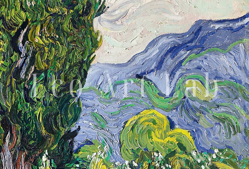 May include: A painting in the style of Vincent van Gogh, featuring a large green tree in the foreground and a swirling blue and green landscape in the background. The sky is a light blue with white clouds.