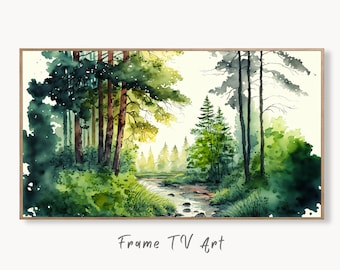 Samsung Frame TV Art 4K Forest & River Landscape Watercolor Digital Painting. Instant Download Forest Art for Samsung Frame TV. Art for TV