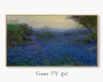 Samsung Frame TV Art 4K Bluebonnets Field Landscape. Blue Bonnets Vintage Spring Landscape Painting. Instant Download. Wall Art for Frame TV
