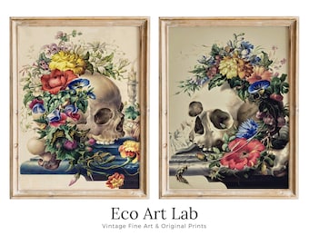 Vintage Skull Painting Set of 2 Prints. Printable Wall Art, Skull With Colorful Flowers, Floral Skull Print 2 Piece Wall Art. Skull Poster