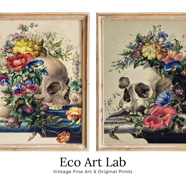 Vintage Skull Painting Set of 2 Prints. Printable Wall Art, Skull With Colorful Flowers, Floral Skull Print 2 Piece Wall Art. Skull Poster
