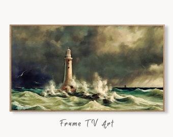 Lighthouse in a Storm at Sea, Frame TV Art, Digital Download, Digital Art for TV, Coastal Wall Art, Ocean Artwork for The Frame TV