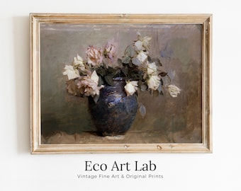 Vintage Roses Flower Still Life Painting. Neutral Colors Romantic Vintage Decor. Antique Oil Painting Vintage Flower Art Print. Printable
