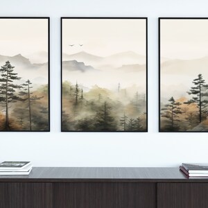 Fall Forest & Mountain 3 Piece Wall Art | Watercolor Autumn Landscape ...